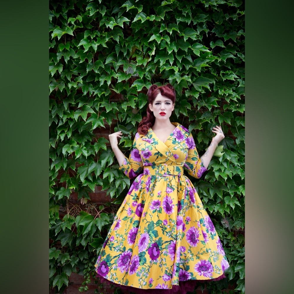 ULTRA RARE Pinup Couture Birdie Mustard Violet Floral Dress with BELT Size L